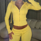 BIIKPIIK Drawstring Hooded Hoodie Suits Autumn Winter Solid Zipper Women Casual Pants Set Street Sporty Sweatshirt Two Piece Set