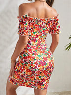 All-over flower print ruffled lace-up one-shoulder sexy high-elasticity slim-fitting dress mini skirt