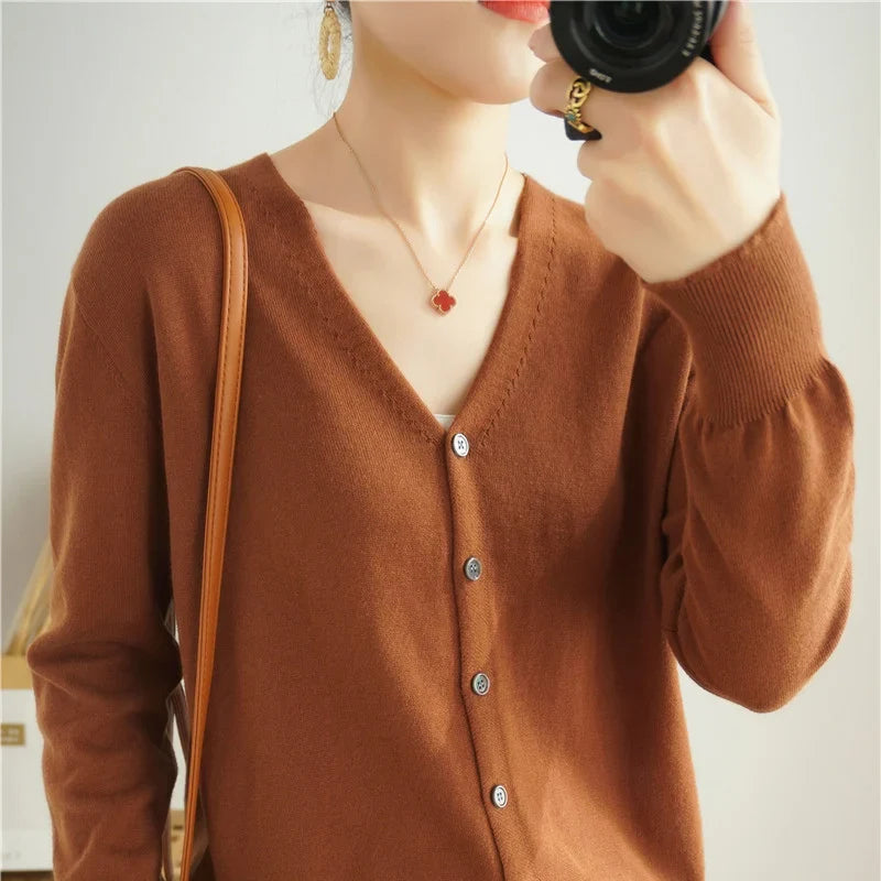 100% Cotton Line Long Sleeve V-Neck Knitted Cardigan Women Loose Short Solid Color Simple Sun Protection SMY K61