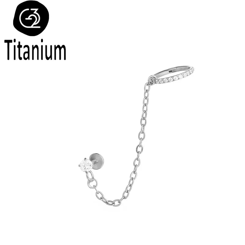 Chain Earring with Labret Ear Stud ASTM G23 Titanium Piercing Nose Ring Cartilage Helix Daith Punk Lip Piercing Body Jewelry 16G