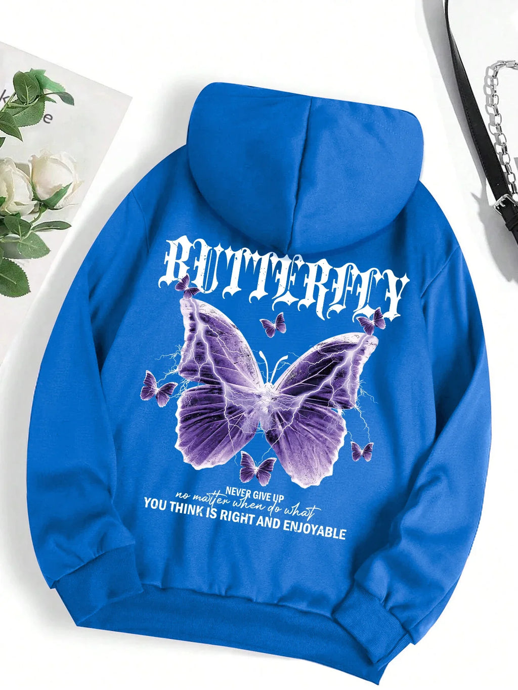 Beautiful Purple Butterfly Printing Hoodies Women Fleece Pocket Hoody Simple Casual Hoodie Autumn Loose Female Streetwear