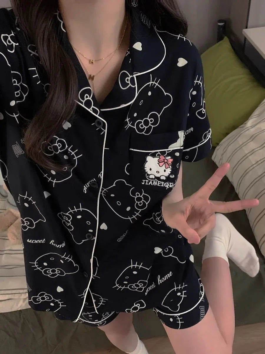 2Pcs/Set Hello Kitty Pajamas Anime Student Loungewear Kawaii Cute Girls Home Wear Shirt Shorts Set