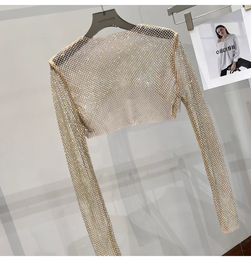 2023 new sexy bright diamond short top Slim thin Ms. hot drill long-sleeved T-shirt sexy leak waist nightclub