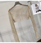 2023 new sexy bright diamond short top Slim thin Ms. hot drill long-sleeved T-shirt sexy leak waist nightclub