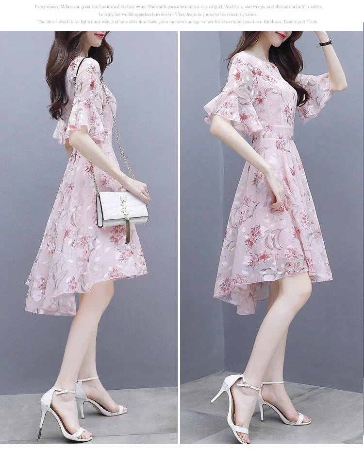 Ele Summer  Women's Midi Dr ang Hai Sle Sweet Princ round Ne ort Sve A-Line Skirt Printed Chiffon Dr