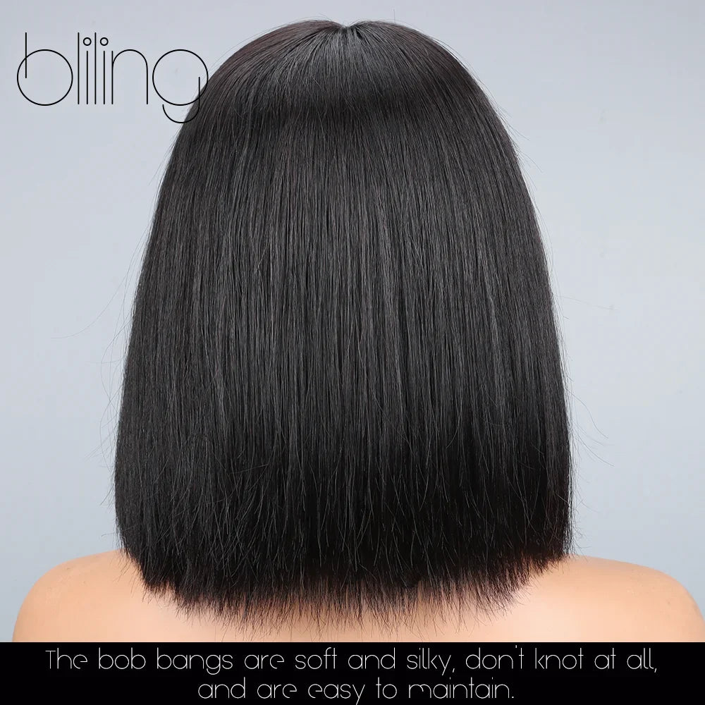 200% Human Hair Wig With Bang Natural Glueless Straight Layered Bob Hairstyle 1X13 Transparent Lace Black for Women 10 Inch