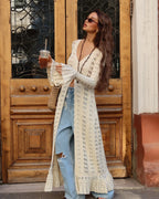 DSMTRC 2025 Holiday Knitted See-throught Cardigan Dress V Neck Long Flare Sleeves Leisure Long Trendy Single Breasted Autumn