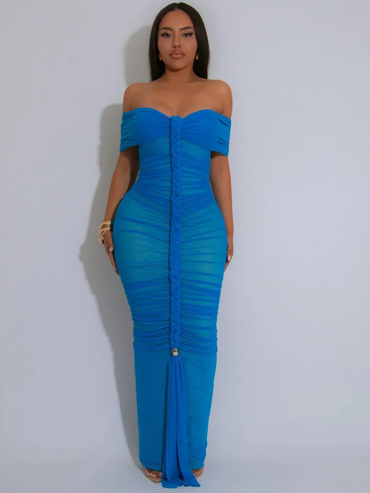 Beyprern Luxe Goddess Ruched Mesh Maxi Dress Elegant Women's Off Shoulder Pleated Bandage Beach Vacation Dress Holiday Outfits