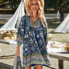 2025 Autumn Womens New Long-sleeved Bohemian Print V-neck Mini Dress For Women's Fashionable Temperament Comfortable Short Skirt