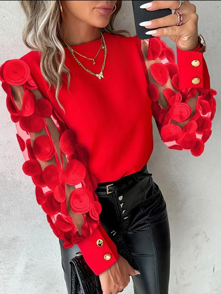 2025 Shirts For Women Fashion Simple O-Neck Red Lace Floral Sheer Mesh Patchwork Pullover female's Blouse