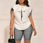 Digital Print round Neck Short Sleeve Women's Suit Summer New Style Elegance Quality Polyester Fiber Skirt Set from Mainland Chi