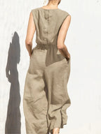 Elegant Solid Cotton Linen Women Jumpsuit Fashion Button O Neck Sleeveless Pocket Jumpsuits Ladies Elastic Waist Office Clothing
