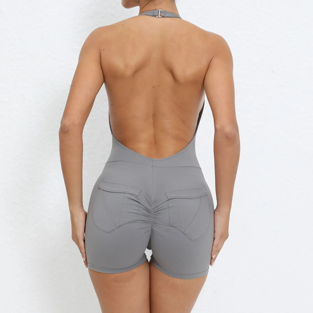 Gym Sport Jumpsuit Short Jumpsuit with Pocket Women Sportswear One Piece Yoga Set Sexy Backless Scrunch Fitness Overalls Romper