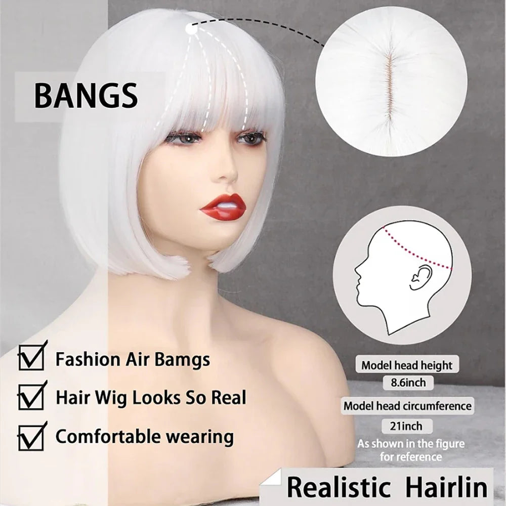 HAIRJOY Women Short  Straight  White Bob Wig with Bangs  Synthetic Hair for Daily Party Cosplay Halloween
