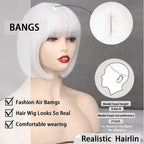 HAIRJOY Women Short  Straight  White Bob Wig with Bangs  Synthetic Hair for Daily Party Cosplay Halloween