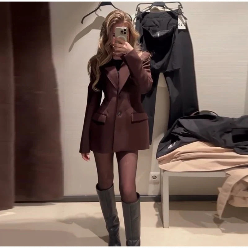 Elegant Lapel Blazer Mini Skirts Sets Women Casual Burgundy Jackets Suit With Hip Package Skirt Female 2025 Spring Chic Outfits