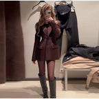 Elegant Lapel Blazer Mini Skirts Sets Women Casual Burgundy Jackets Suit With Hip Package Skirt Female 2025 Spring Chic Outfits