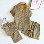 2025 New Spring/Summer Pajamas Three Piece Set Thin 100%Cotton Crepe Ladies Short Sleeves+Shorts+Pants Flip Collar Home Suit Set