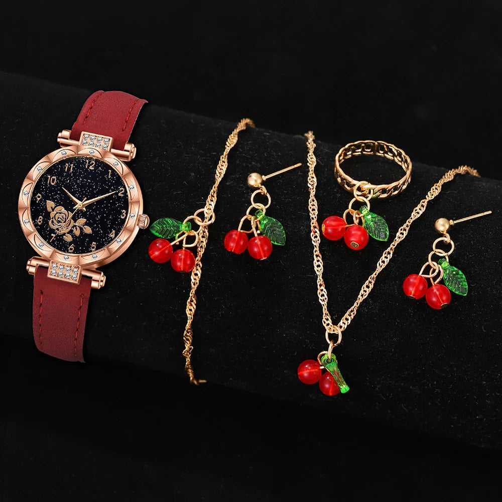 6PCS/Set Red Women's Watch With Minimalist Elements Dial Quartz Watch Latex Strap Cherry Elements Jewelry Set Girl's Gift