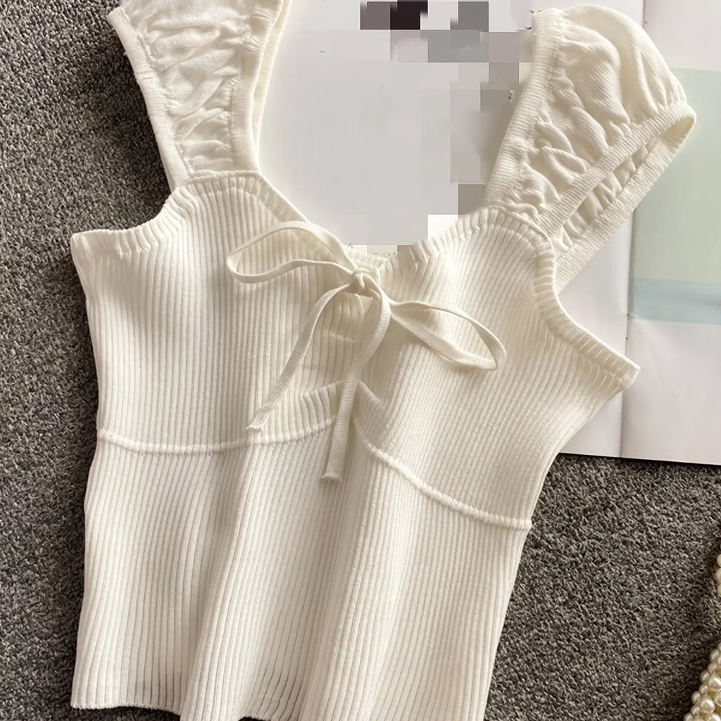 2024 Solid Color Ribbed Knotted Tank Top Casual Round Neck Tank Top For Spring & Summer Women's Clothing Knit Crop Top