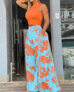 2025 Summer Fashion Printing Two Piece Set Women Casual Solid Sleeveless Tank Top Wide Leg Pants Two Piece Set Women