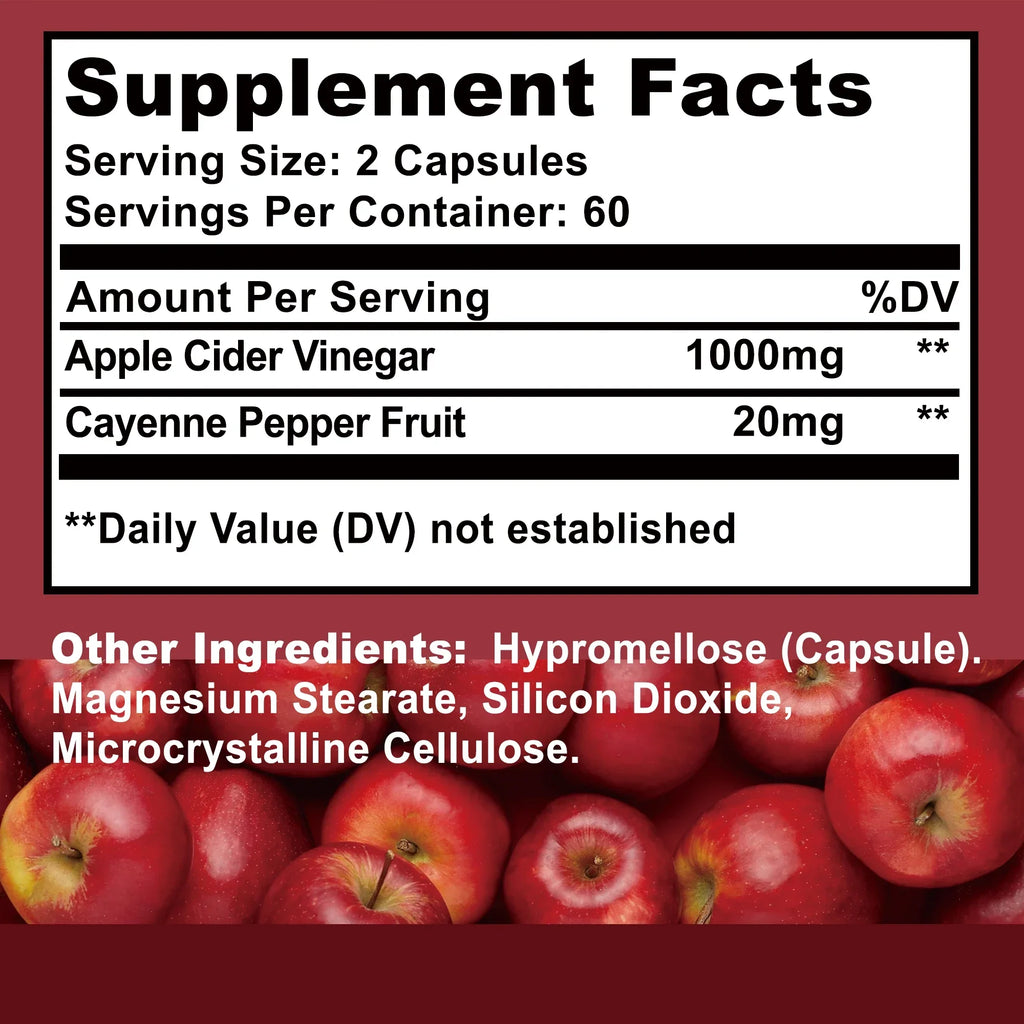 Apple Cider Vinegar - Improves Digestion, Appetite Suppression,Weight Management, Relieves Bloating - 120 Capsules