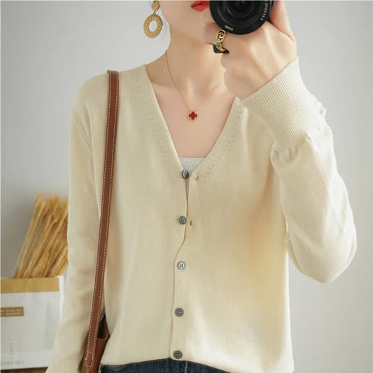 100% Cotton Line Long Sleeve V-Neck Knitted Cardigan Women Loose Short Solid Color Simple Sun Protection SMY K61