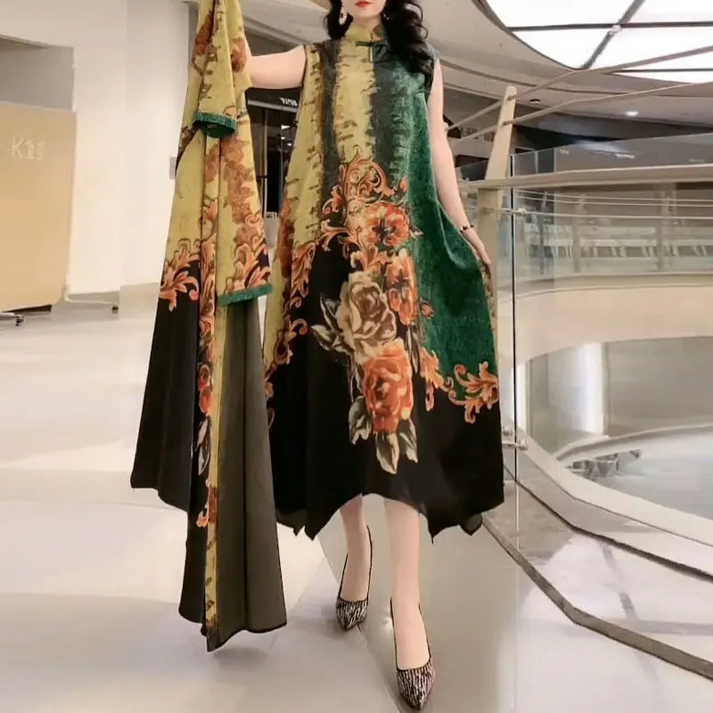 Commute Floral Printed Matching Sets Two Piece Set Casual Round Neck Spring Summer Female Fashion Irregular Hem Long Dress Sets