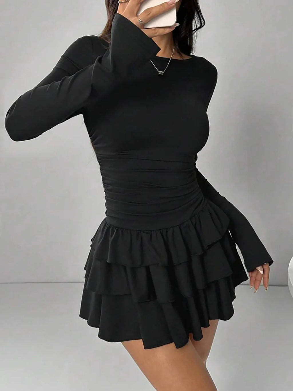 2025 Autumn Solid Slim Fit Cascading Ruffles Mini Dress Winter Women Elegant Flare Sleeve High Waist Sexy Party Bodycon Dresses