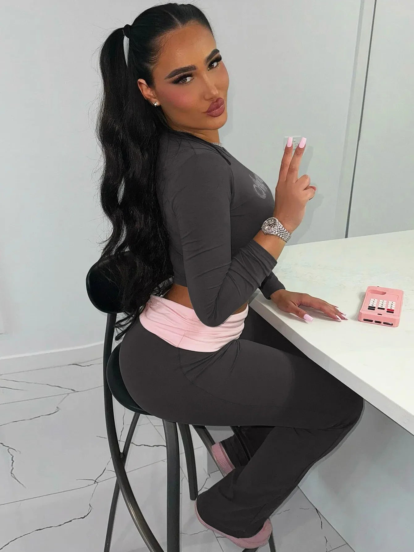 Dulzura Women'S Sexy Casual 2 Piece Pants Set Long Sleeve Letter Print Bodycon Crop Top And Flare Pants Matching Set Streetwear