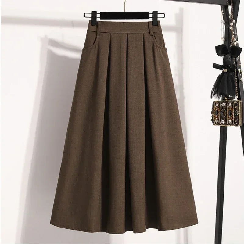 2025 Solid Color Versatile Medium Length Skirt Pleated Plus Size A-Line Maxi Gown Cover Hip Spring Summer New Half-length Skirt