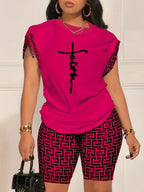 Digital Print round Neck Short Sleeve Women's Suit Summer New Style Elegance Quality Polyester Fiber Skirt Set from Mainland Chi