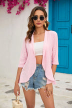 2024 Summer Fashion Ladies Hollow Out Cardigan Boho Tops Women Beach Outwear Casual Three Quarter Sleeve Sunscreen Shirt