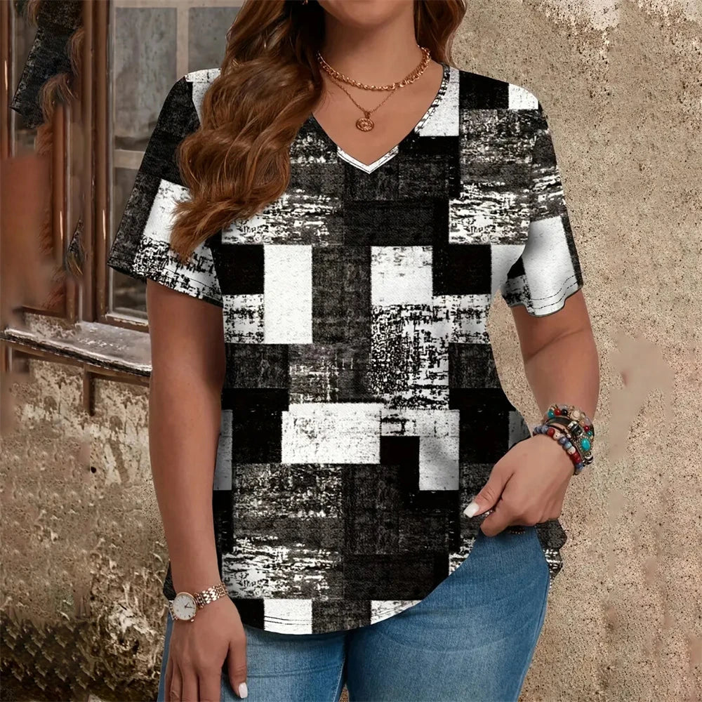 Checkered 3D Pattern Printed Women's V-Neck Short Sleeve Striped Minimally Printed Woman ClothingTop Women's Loose Women's Shirt