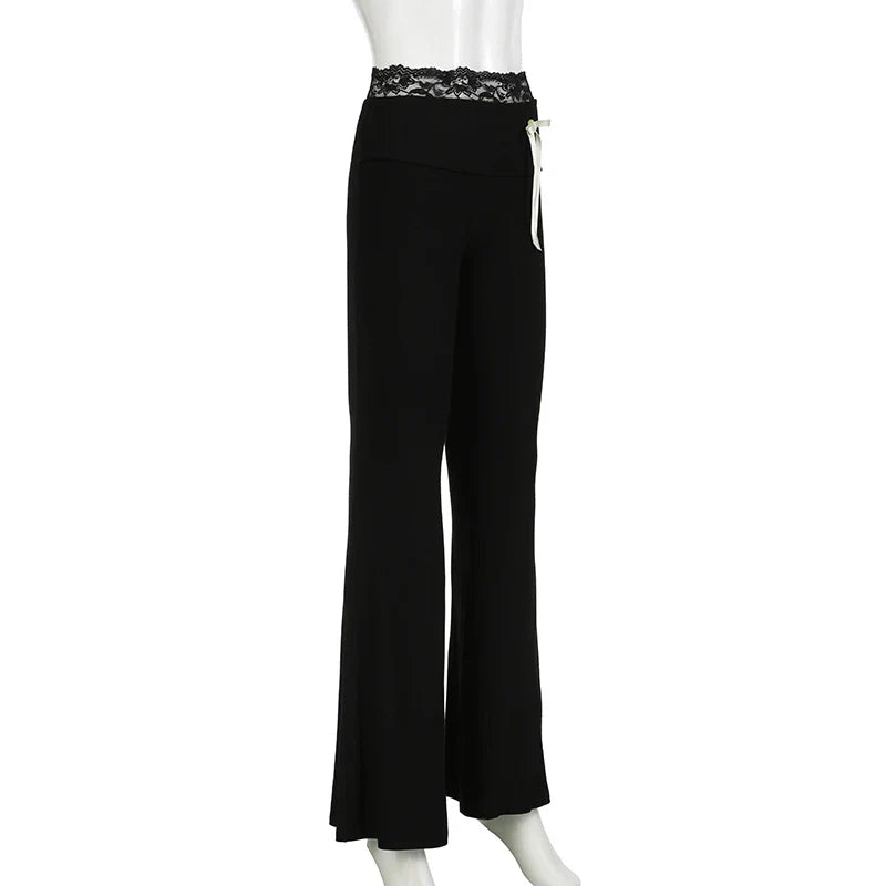 Cuteandpsycho Lace Patchwork Bow Straight Pants Y2K Fashion Aesthetic Cute Trousers Harajuku Streetwear Joggers 2000s Bottoms
