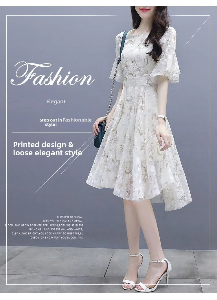 Ele Summer  Women's Midi Dr ang Hai Sle Sweet Princ round Ne ort Sve A-Line Skirt Printed Chiffon Dr