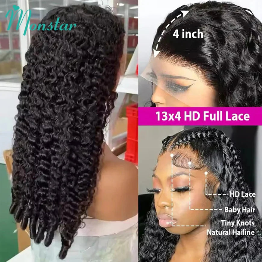 300% Density Burmese Curly Human Hair Wigs 13x4 13x6 HD Full Lace Frontal Wig 100% Human Hair Wigs with Spiral End Natural Black
