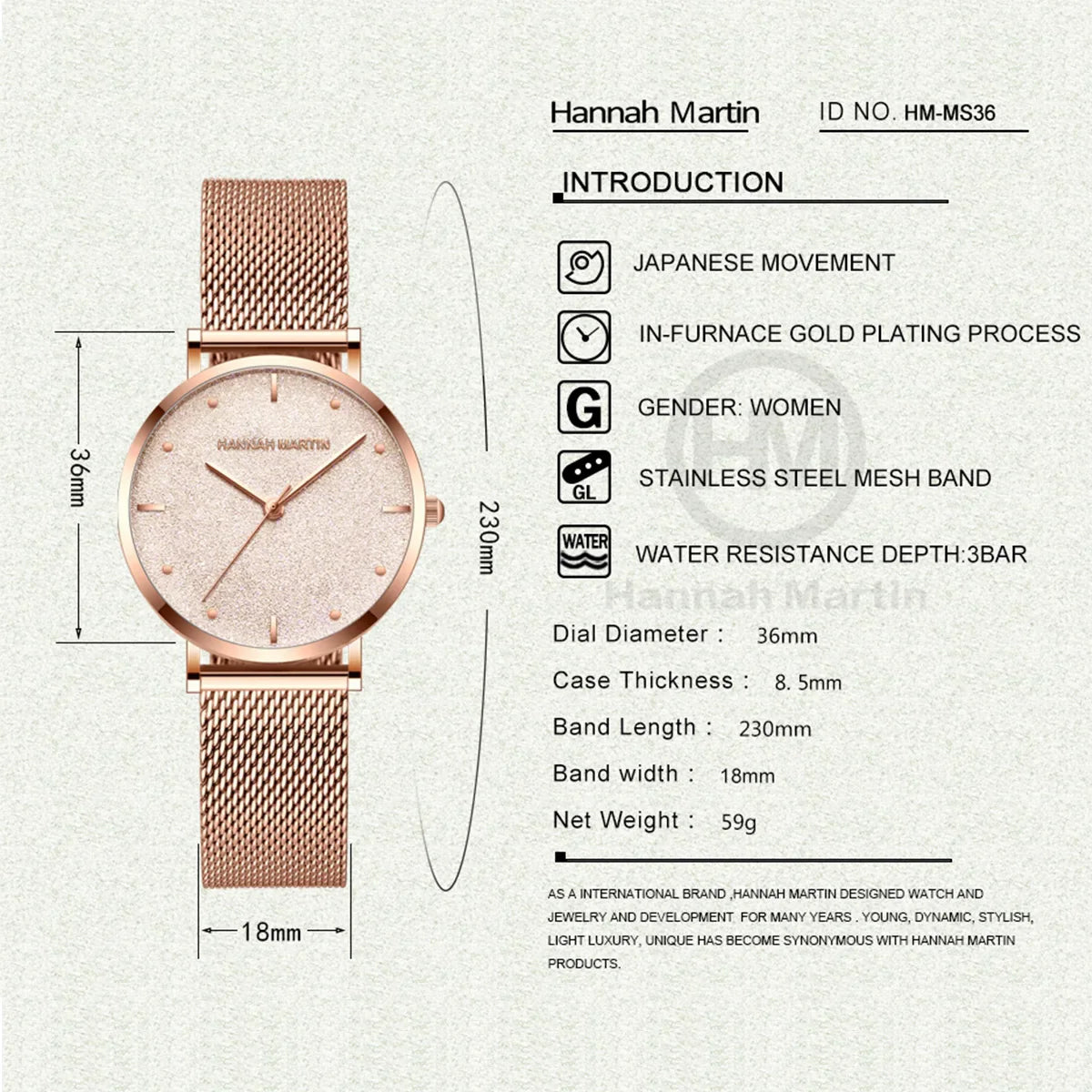 2025 New Women's Luxury Watch Matte Dial Japanese Quartz Movement Stainless Steel Mesh Strap Hannah Martin Brand Original Watch