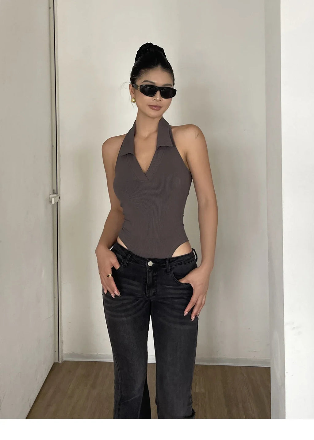 American Style Spicy Girl Sleeveless Polo Neck Solid Bodysuits Women's 2024 Summer New Sexy Backless High Waisted Slim Top Q29N