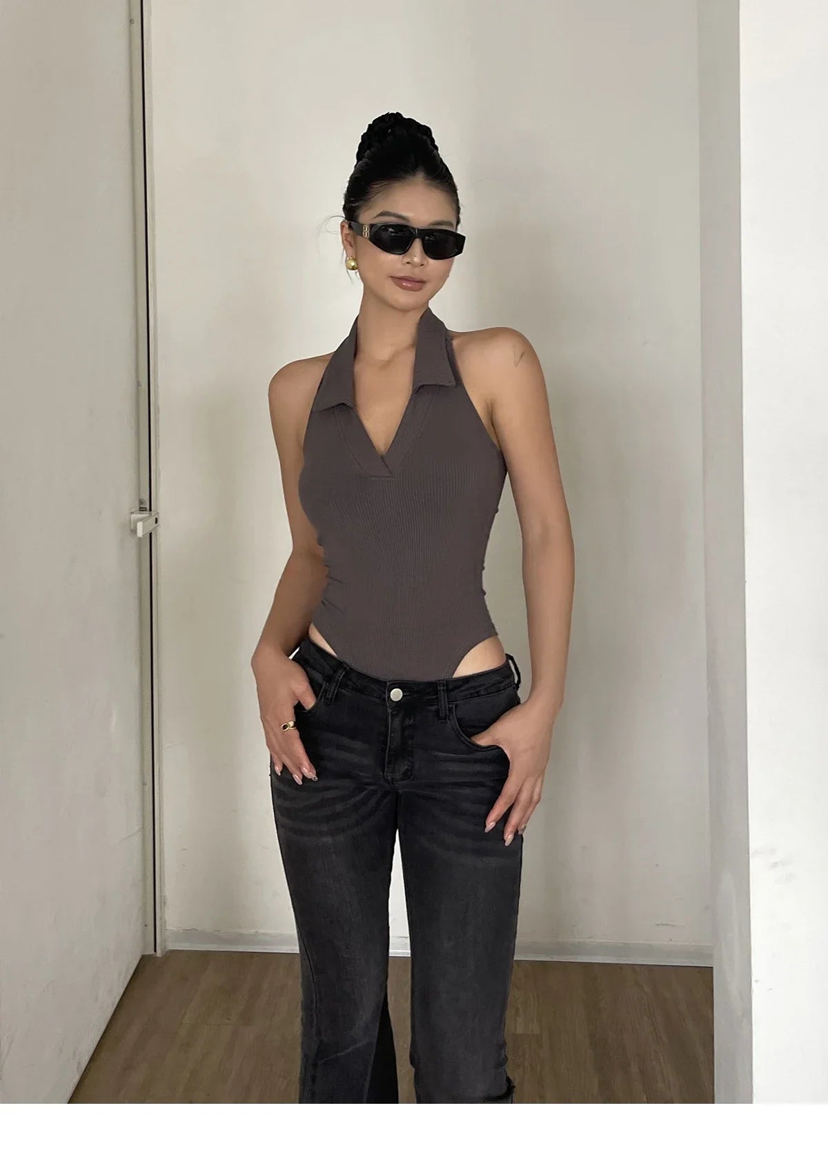 American Style Spicy Girl Sleeveless Polo Neck Solid Bodysuits Women's 2024 Summer New Sexy Backless High Waisted Slim Top Q29N