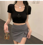 2025 Summer tshirt Women Black Cross Print Short T-Shirt Sexy U Neck Crop Top Short Sleeve Tops Tee Female Shirts