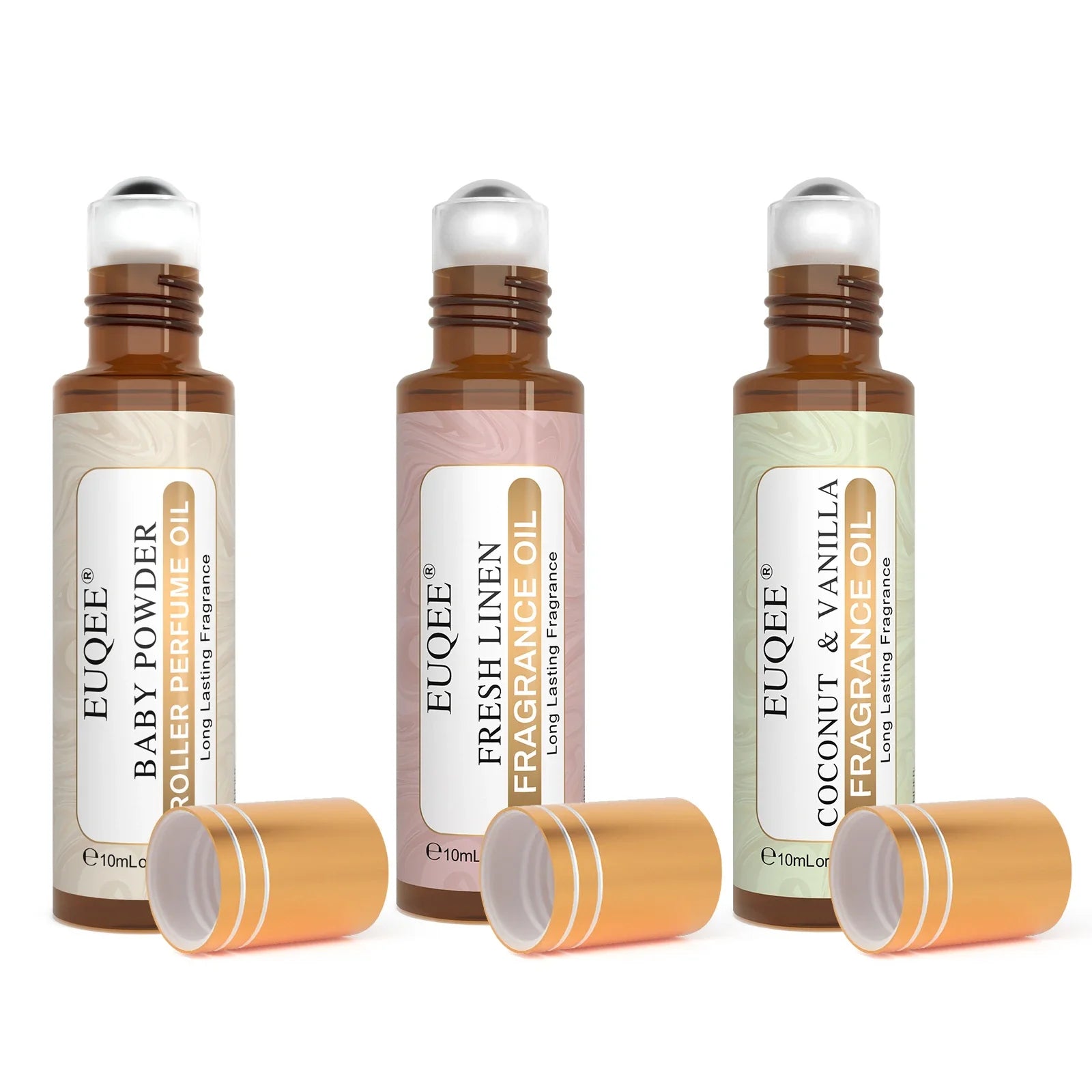 EUQEE 3PCS Fragrance Oils Roll-On Long Lasting Scent Coconut & Vanilla White Musk Baby Powder Fresh Linen Oud Wood Amber Romance