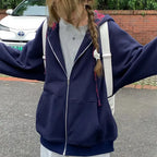 Brown Zip Up Hoodie Women 2023 Autumn Lattice stitching Long Sleeve Casual Oversized Sweatshirt Solid Jacket Women Clothing