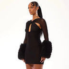 2025 Autumn Furry Patchwork Dress Women See Through Full Sleeve Sexy Hollow Cross Elegant Luxury Banquet Birthday Party Clubwear