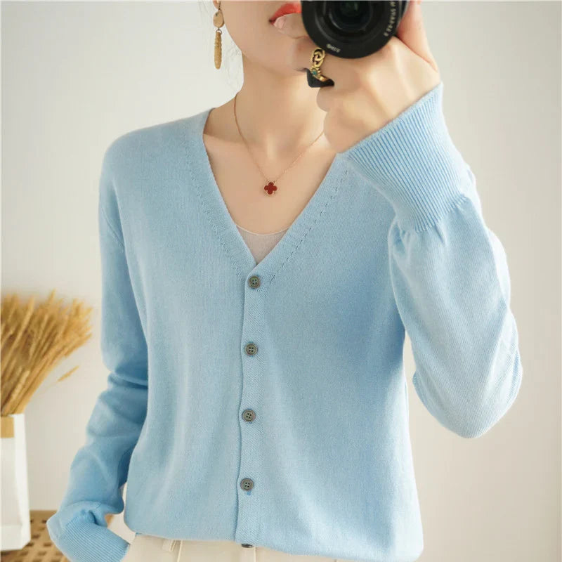 100% Cotton Line Long Sleeve V-Neck Knitted Cardigan Women Loose Short Solid Color Simple Sun Protection SMY K61