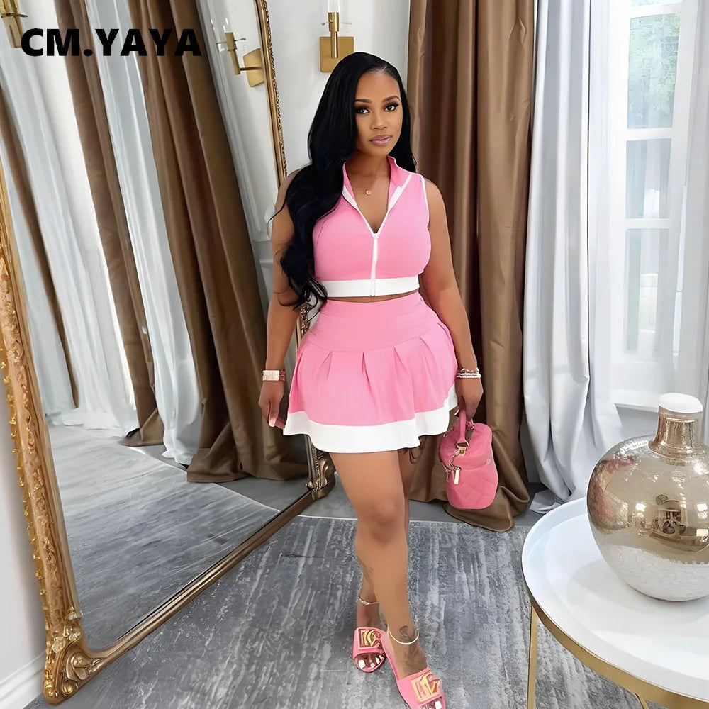 CM.YAYA Women's Set Sleeveless V-neck Vest  + Pleated Skirts 2025 Summer Cute Street Beach Two 2 Piece Sets Outfits Tracksuit