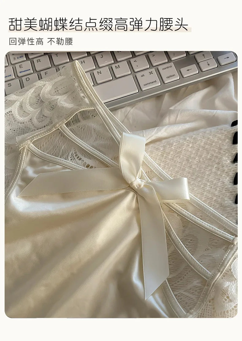 5Pcs Silk underwear, Women's intimate  sexy lovely soft ﻿comfortable bowknot silk  light  thin triangular pants lace splicing