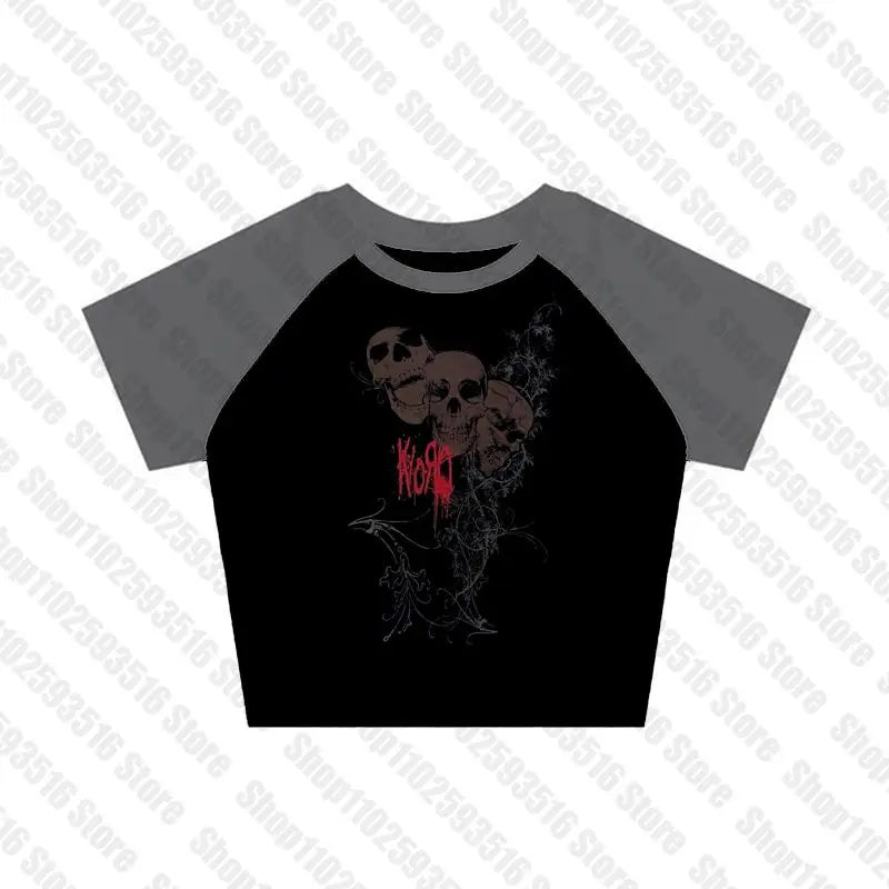 Aesthetic 2023 Goth Crop Top y2k Women Harajuku O Neck Short Sleeve Sweat Shirt Graphic Pattern Fairy Grunge Clothing crop tops