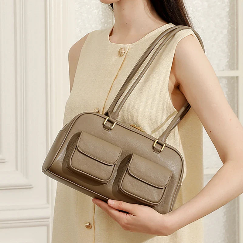 Burminsa Cowhide Genuine Leather Underarm Shoulder Bags For Women 2025 Luxury Designer Korean Bowling Tote Work Ladies Handbags