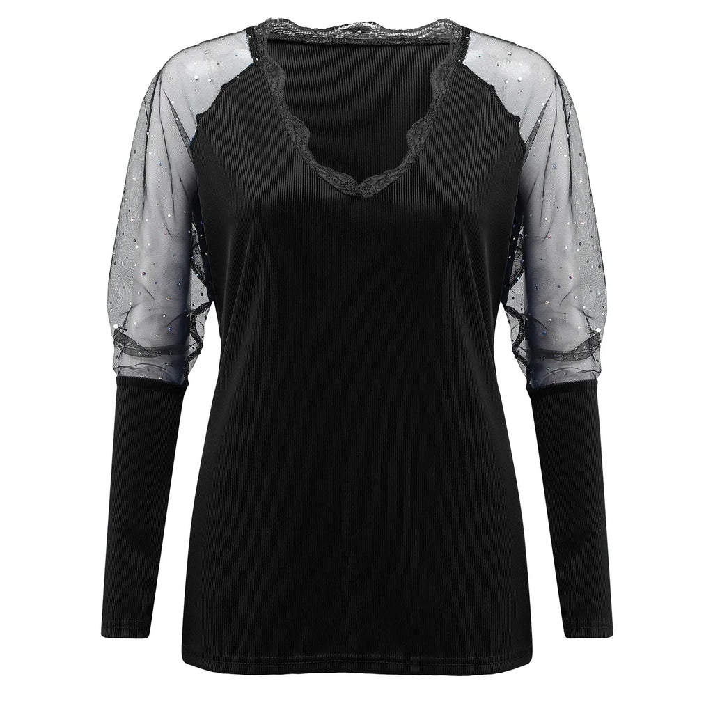 Elegant Mesh Blouse Women Slim Elastic V-neck Printed Lace Sexy Long Sleeve Top Fashion Streetwear Tops Blusas Mujer De Moda